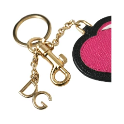 Pink Black Heart Leather Gold Tone Brass Keyring Keychain