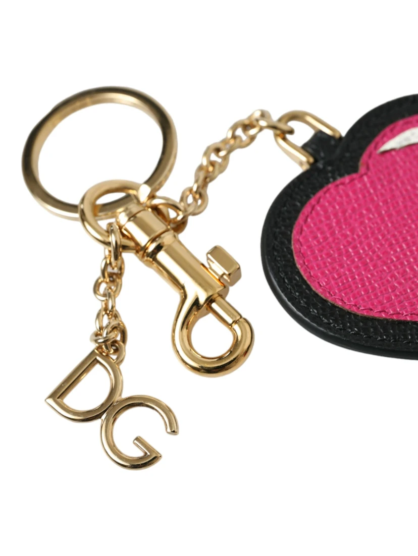 Pink Black Heart Leather Gold Tone Brass Keyring Keychain