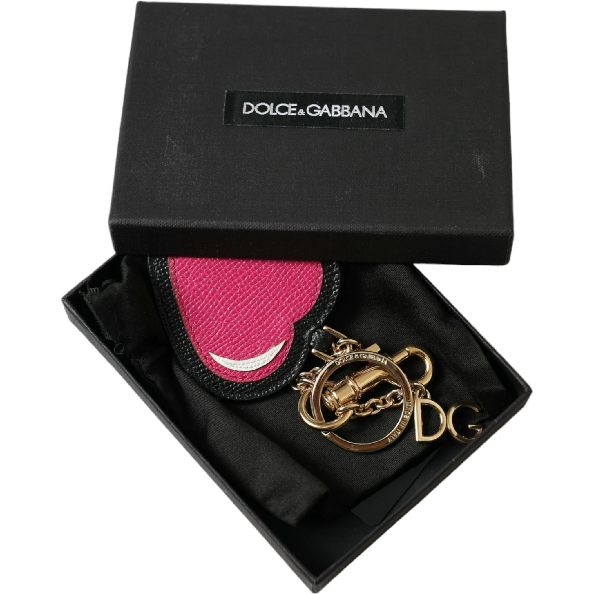 Pink Black Heart Leather Gold Tone Brass Keyring Keychain