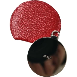 Red Calfskin Leather Round Logo Hand Mirror Holder