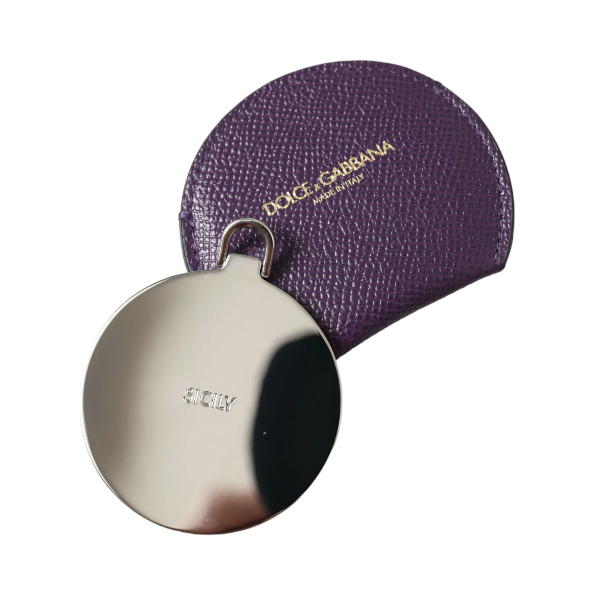 Purple Calfskin Leather Round Logo Hand Mirror Holder