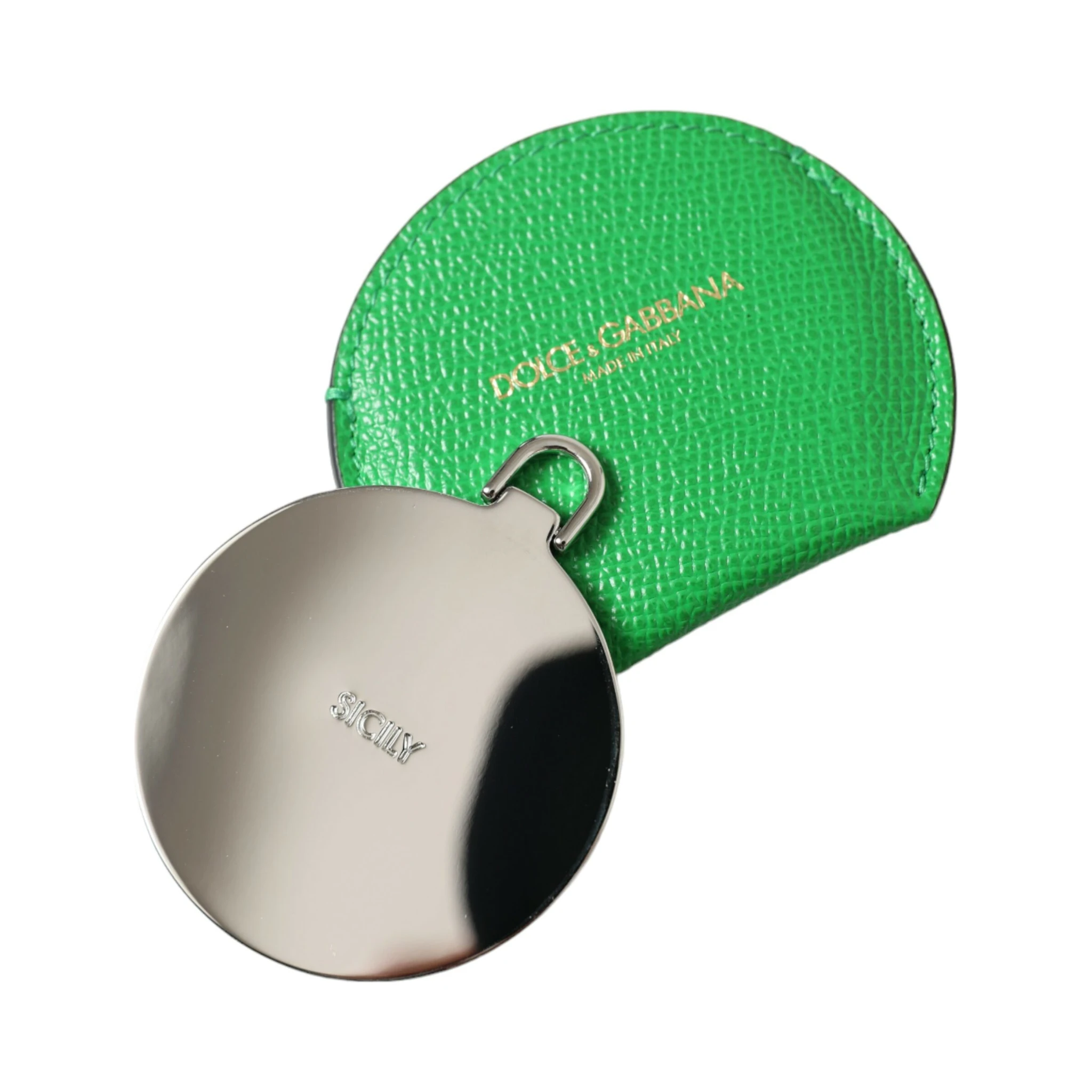 Green Calfskin Leather Round Logo Hand Mirror Holder