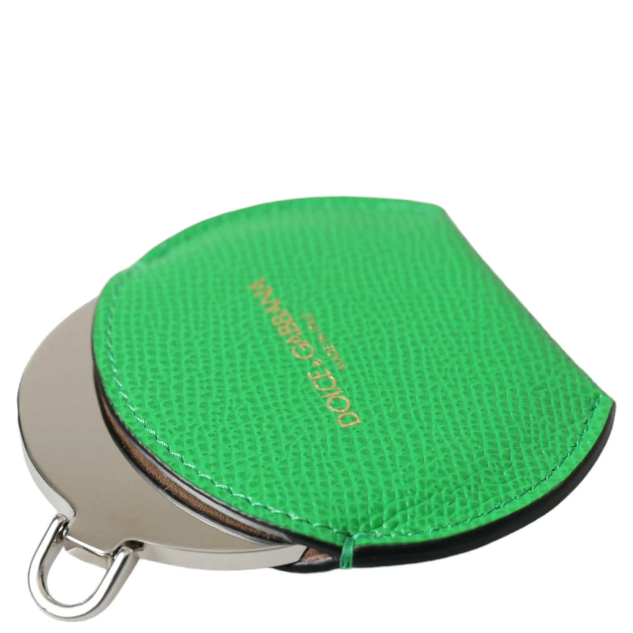 Green Calfskin Leather Round Logo Hand Mirror Holder