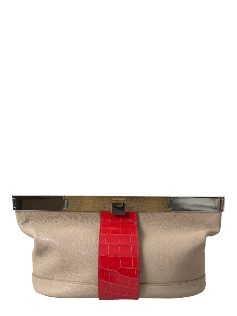 Beige Red Two Tone Exotic Leather Pouch Bag