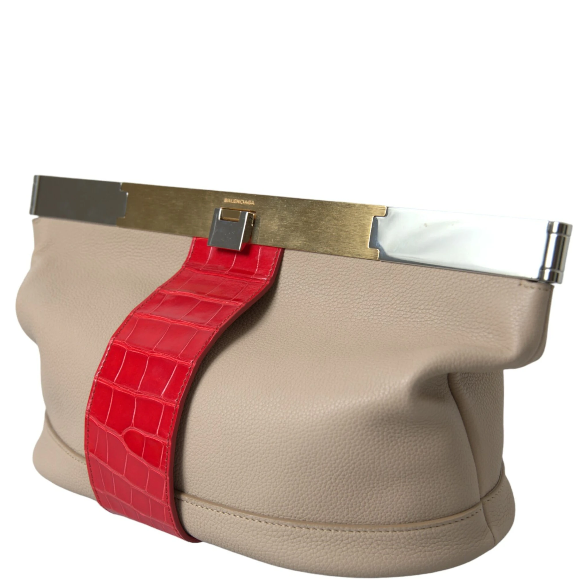 Beige Red Two Tone Exotic Leather Pouch Bag