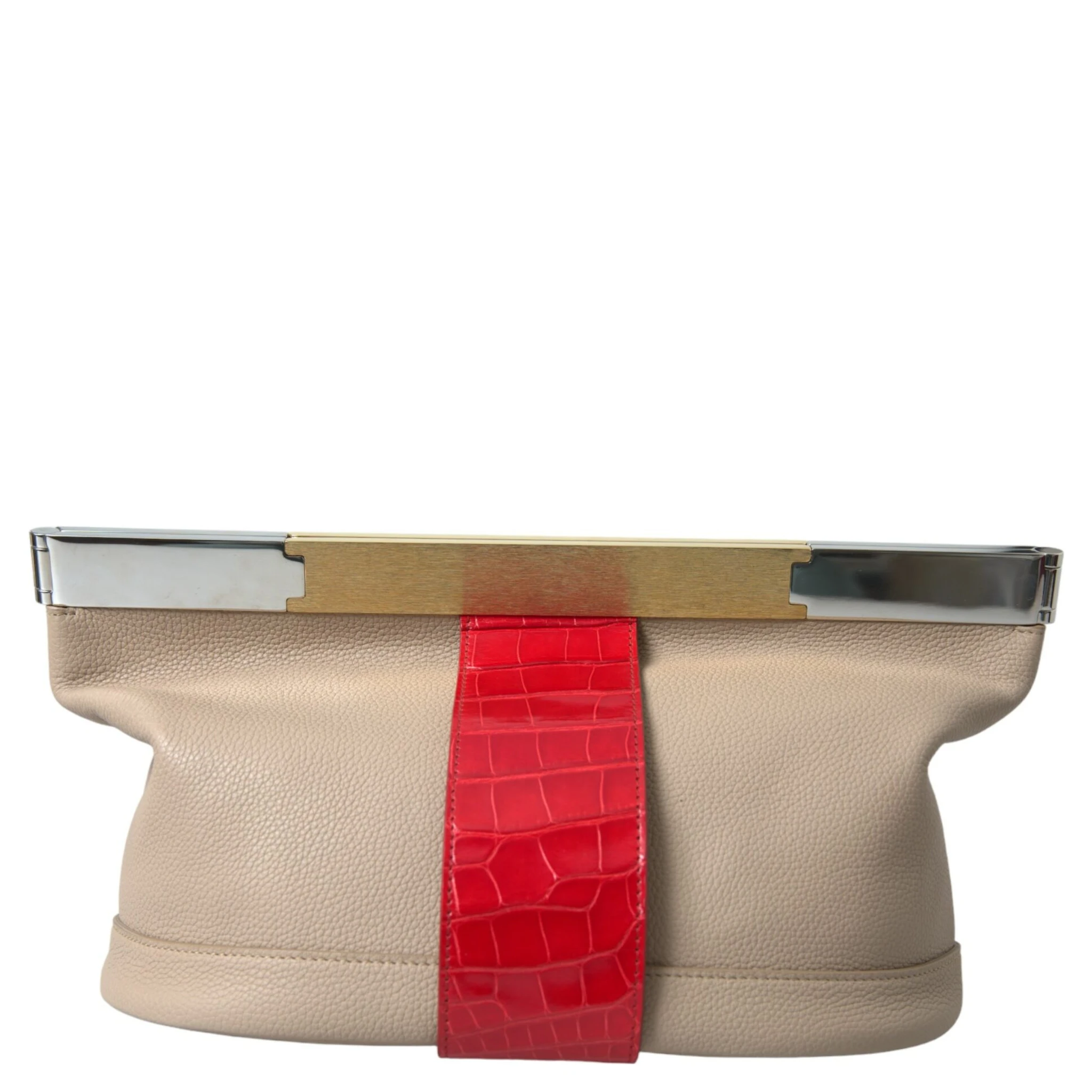 Beige Red Two Tone Exotic Leather Pouch Bag