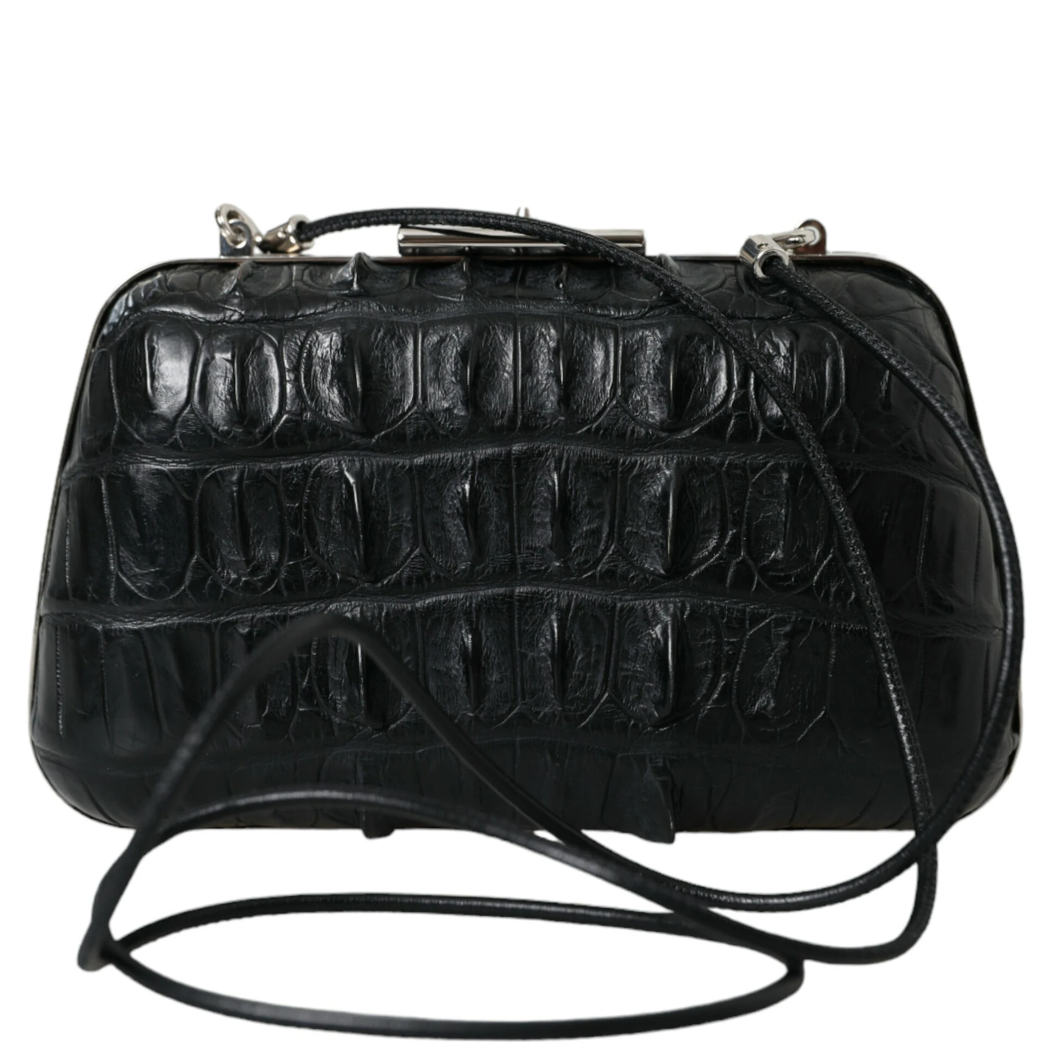 Black Exotic Skin Leather Shoulder Crossbody Box Clutch Bag