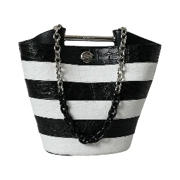 Black White Striped Exotic Skin Leather Maxi Bucket Tote Bag