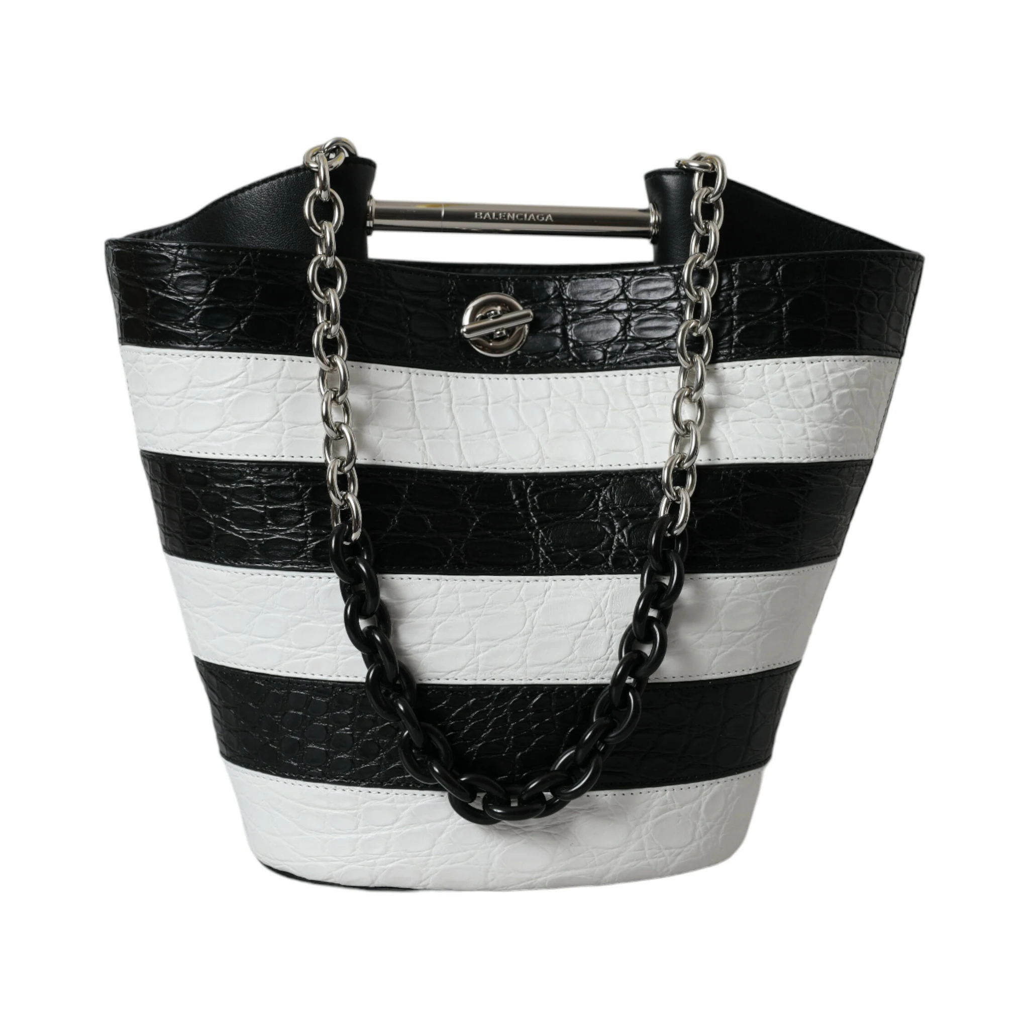 Black White Striped Exotic Skin Leather Maxi Bucket Tote Bag