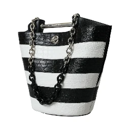 Black White Striped Exotic Skin Leather Maxi Bucket Tote Bag