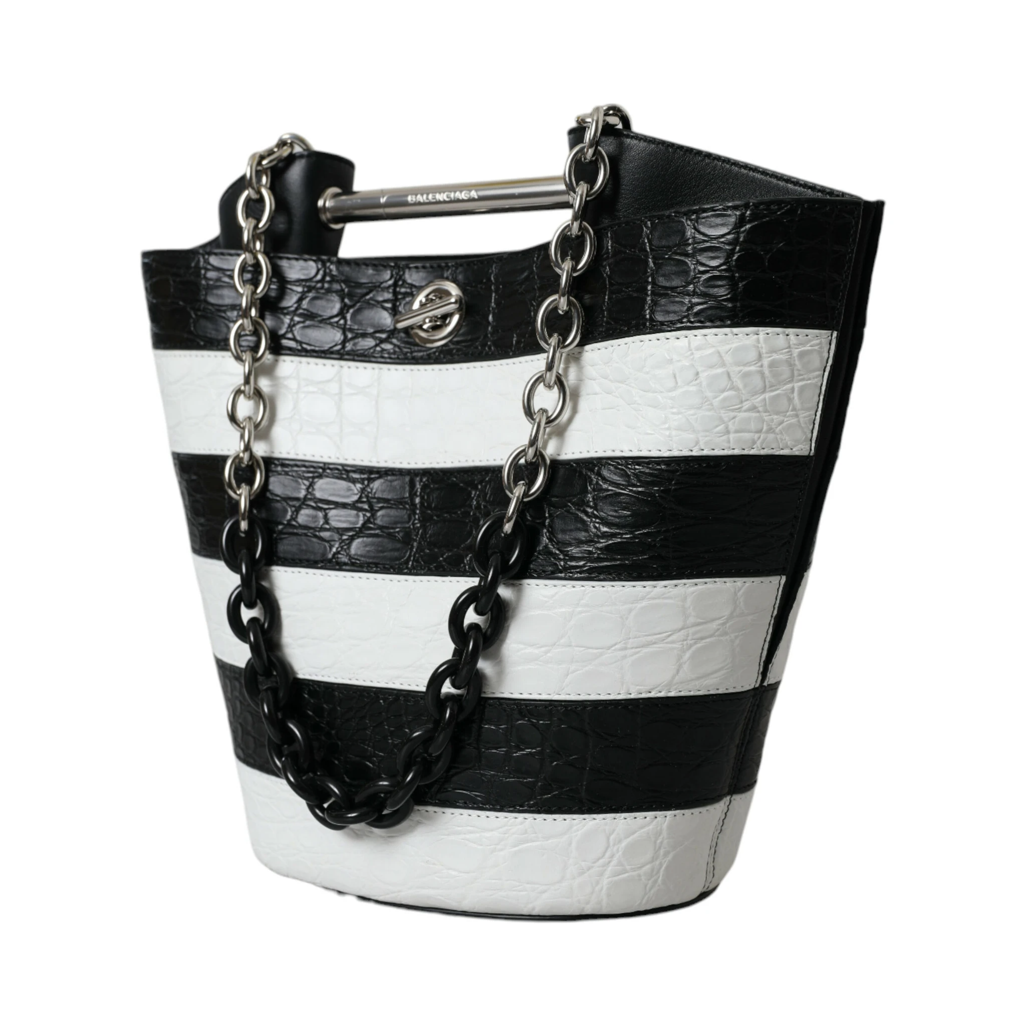 Black White Striped Exotic Skin Leather Maxi Bucket Tote Bag