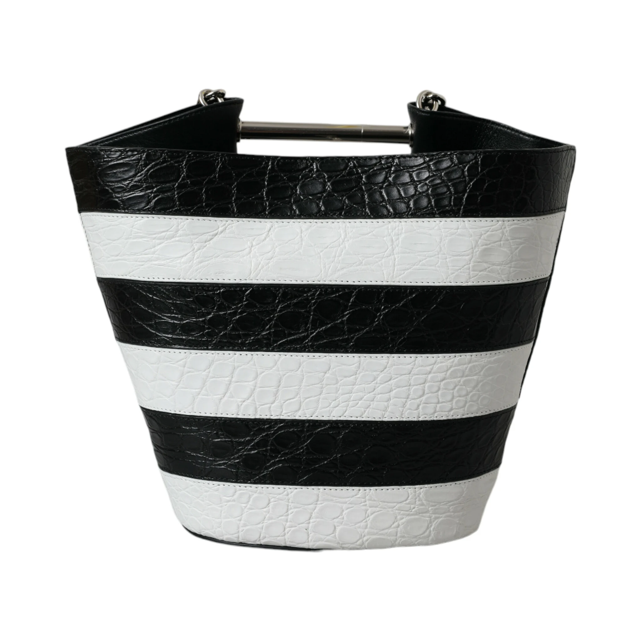 Black White Striped Exotic Skin Leather Maxi Bucket Tote Bag