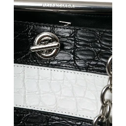 Black White Striped Exotic Skin Leather Maxi Bucket Tote Bag