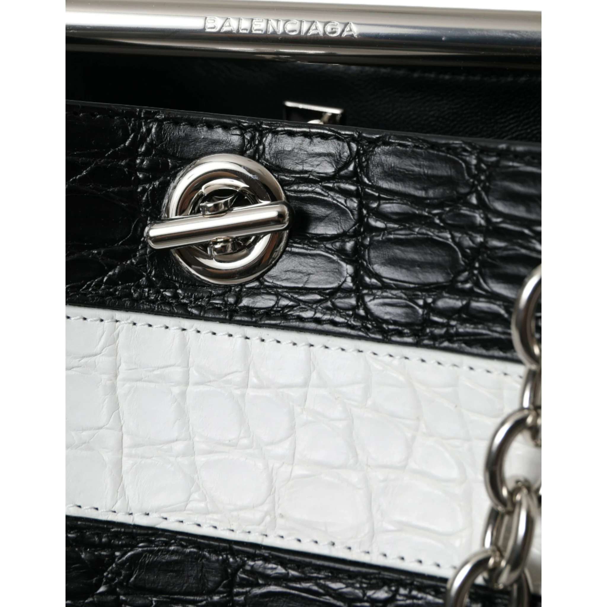 Black White Striped Exotic Skin Leather Maxi Bucket Tote Bag