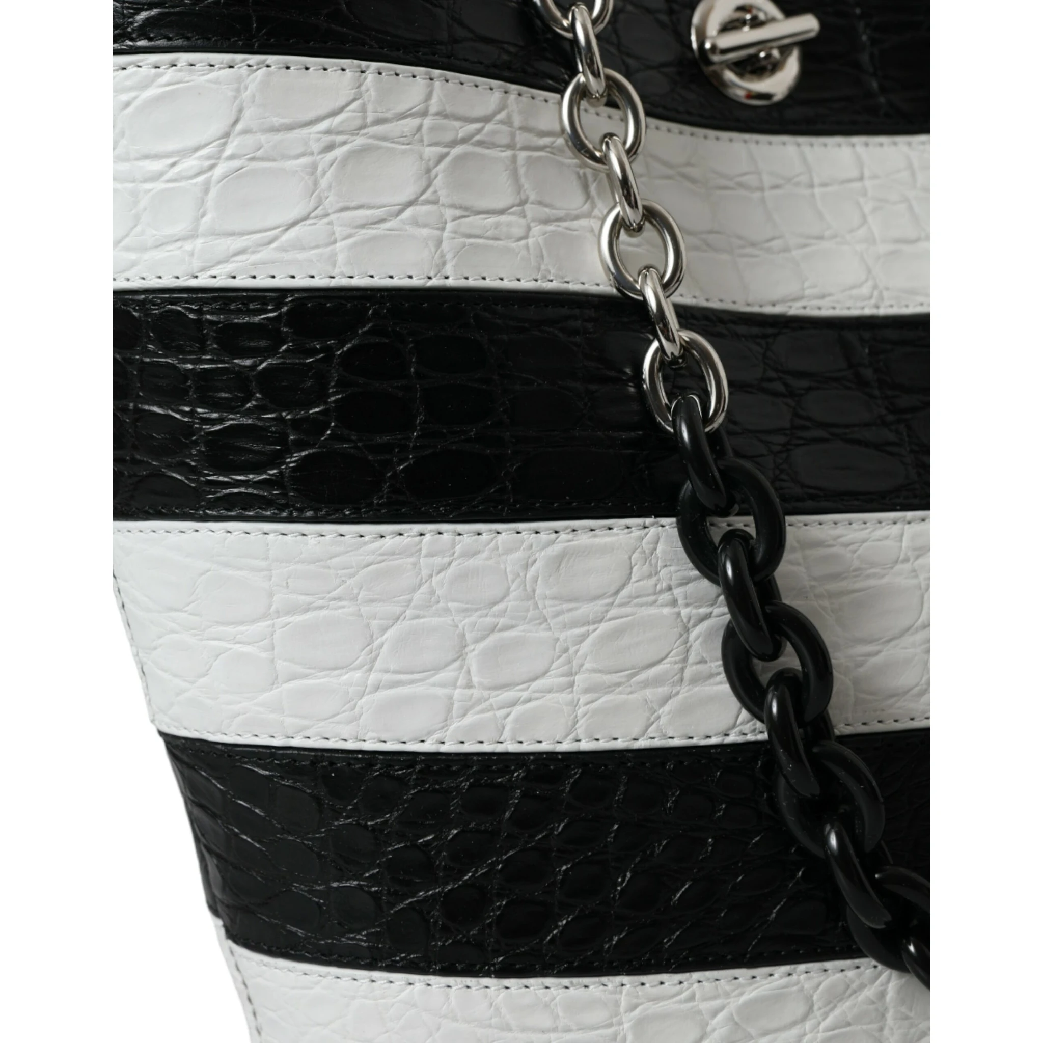 Black White Striped Exotic Skin Leather Maxi Bucket Tote Bag