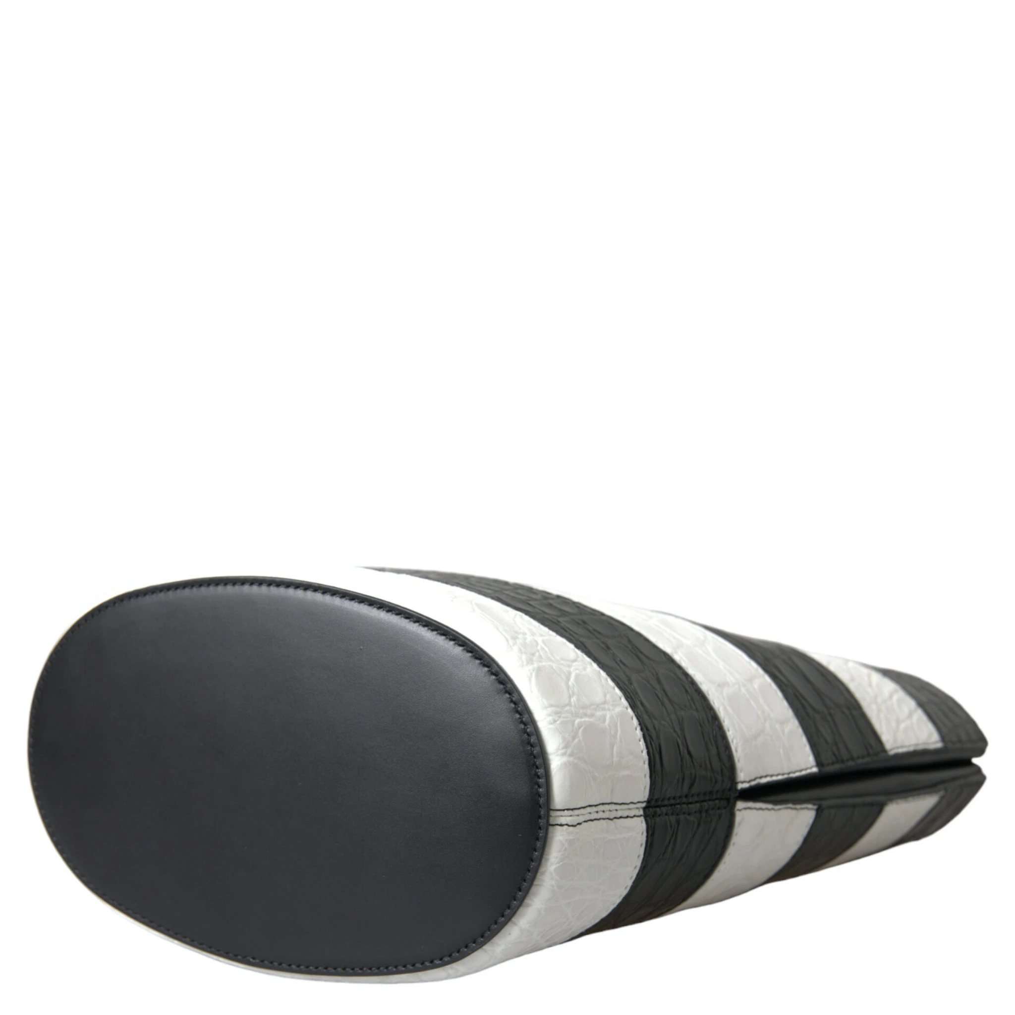 Black White Striped Exotic Skin Leather Maxi Bucket Tote Bag