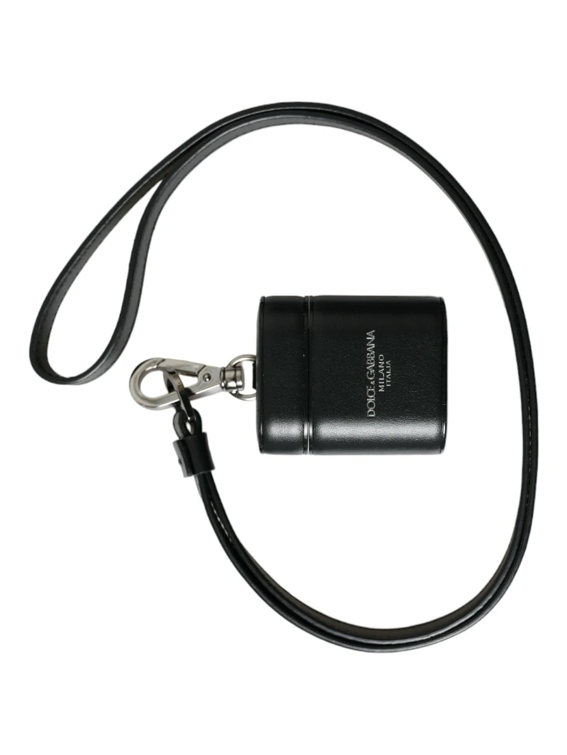Black Leather Strap Silver Metal Logo Printed Airpods Case