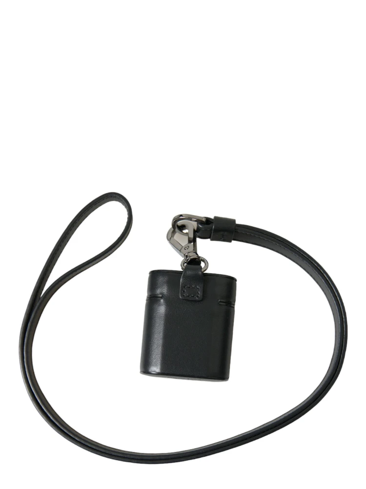 Black Leather Strap Silver Metal Logo Printed Airpods Case alternative