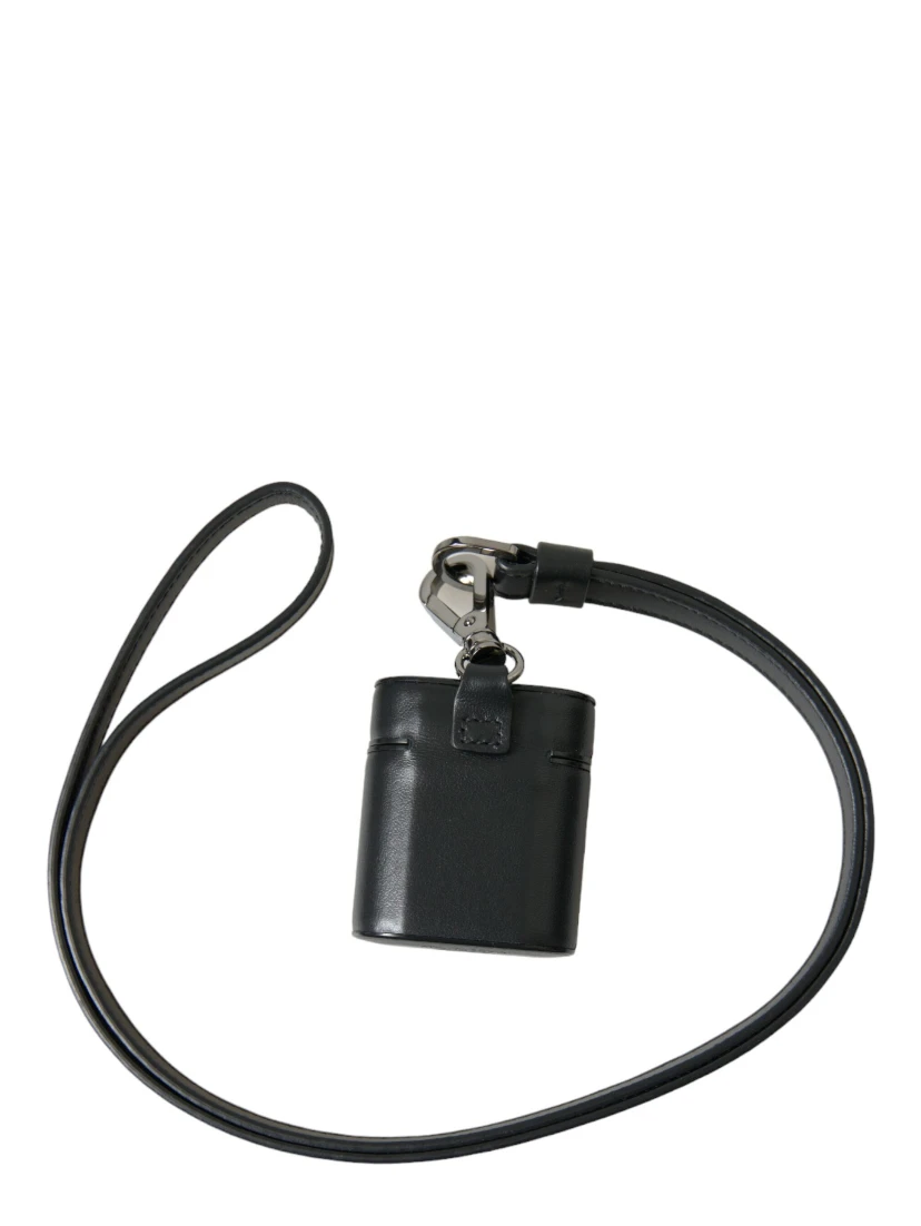 Black Leather Strap Silver Metal Logo Printed Airpods Case