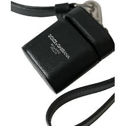 Black Leather Strap Silver Metal Logo Printed Airpods Case