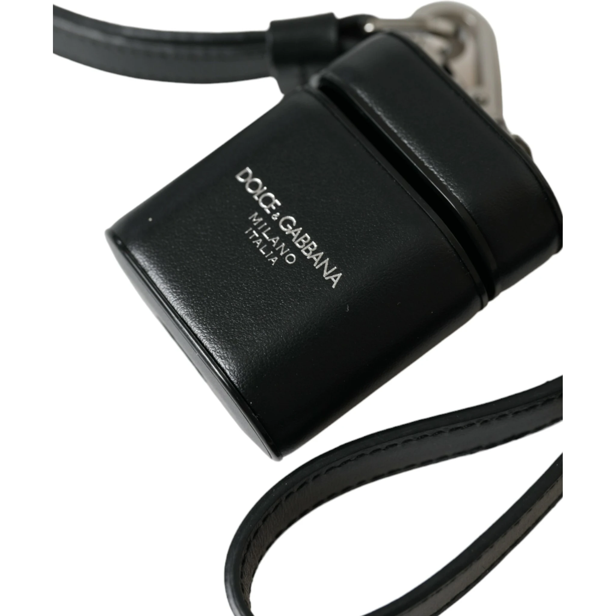 Black Leather Strap Silver Metal Logo Printed Airpods Case