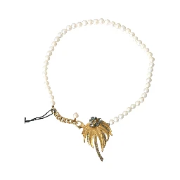 Gold Brass Crystal Pearl Tree Pendant Charm Necklace