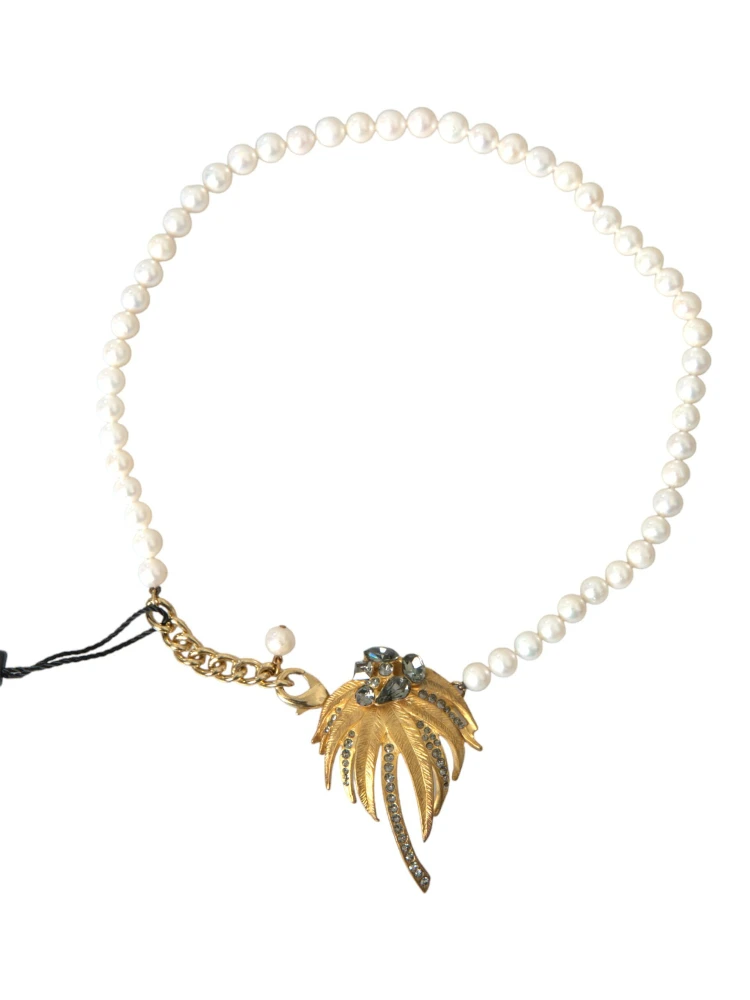 Gold Brass Crystal Pearl Tree Pendant Charm Necklace