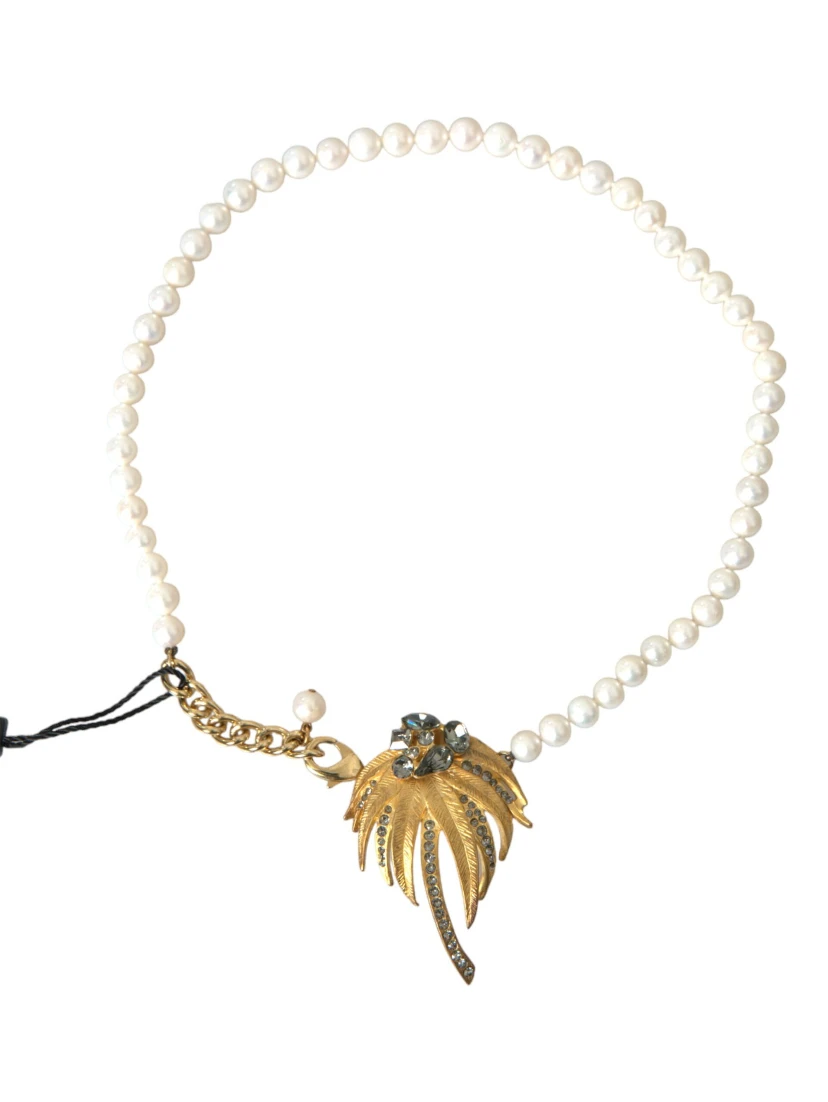 Gold Brass Crystal Pearl Tree Pendant Charm Necklace