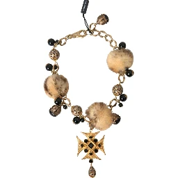 Gold Black Crystals Lapin Fur Filigree Chocker Necklace