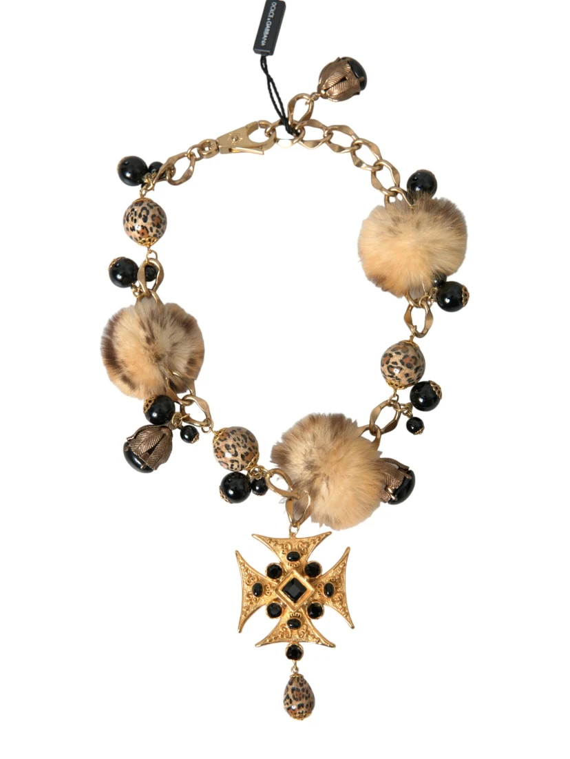 Gold Black Crystals Lapin Fur Filigree Chocker Necklace