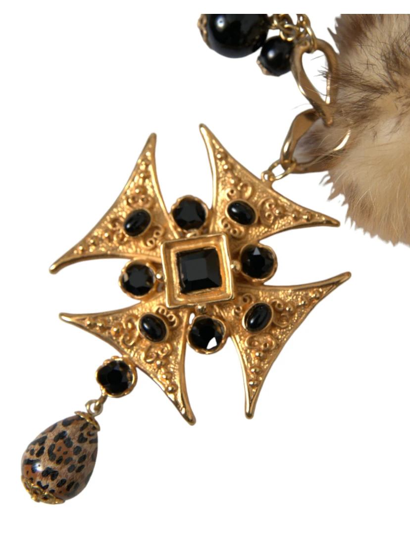Gold Black Crystals Lapin Fur Filigree Chocker Necklace
