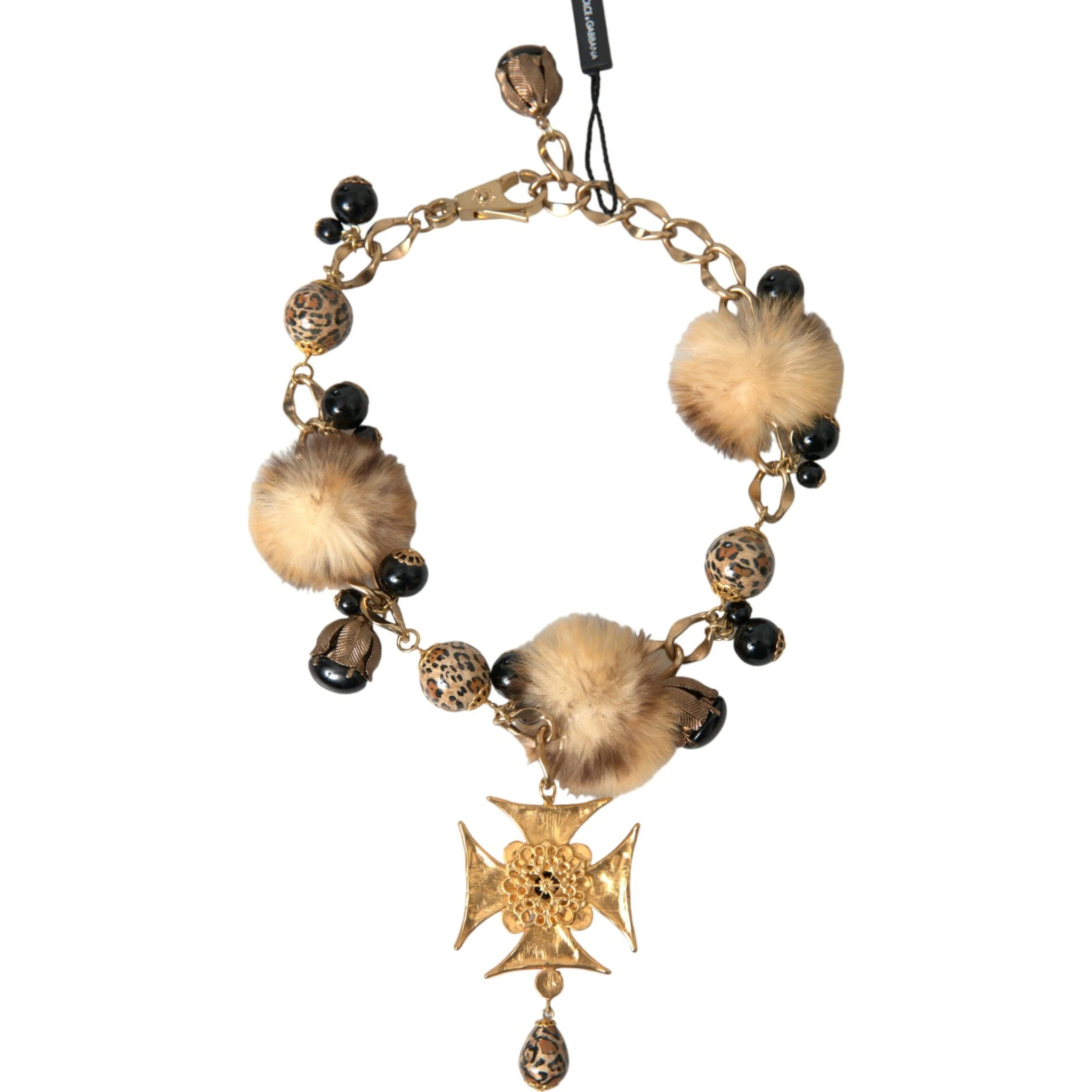 Gold Black Crystals Lapin Fur Filigree Chocker Necklace