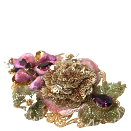 Gold Brass Floral Crystal Sequined Hair Clip