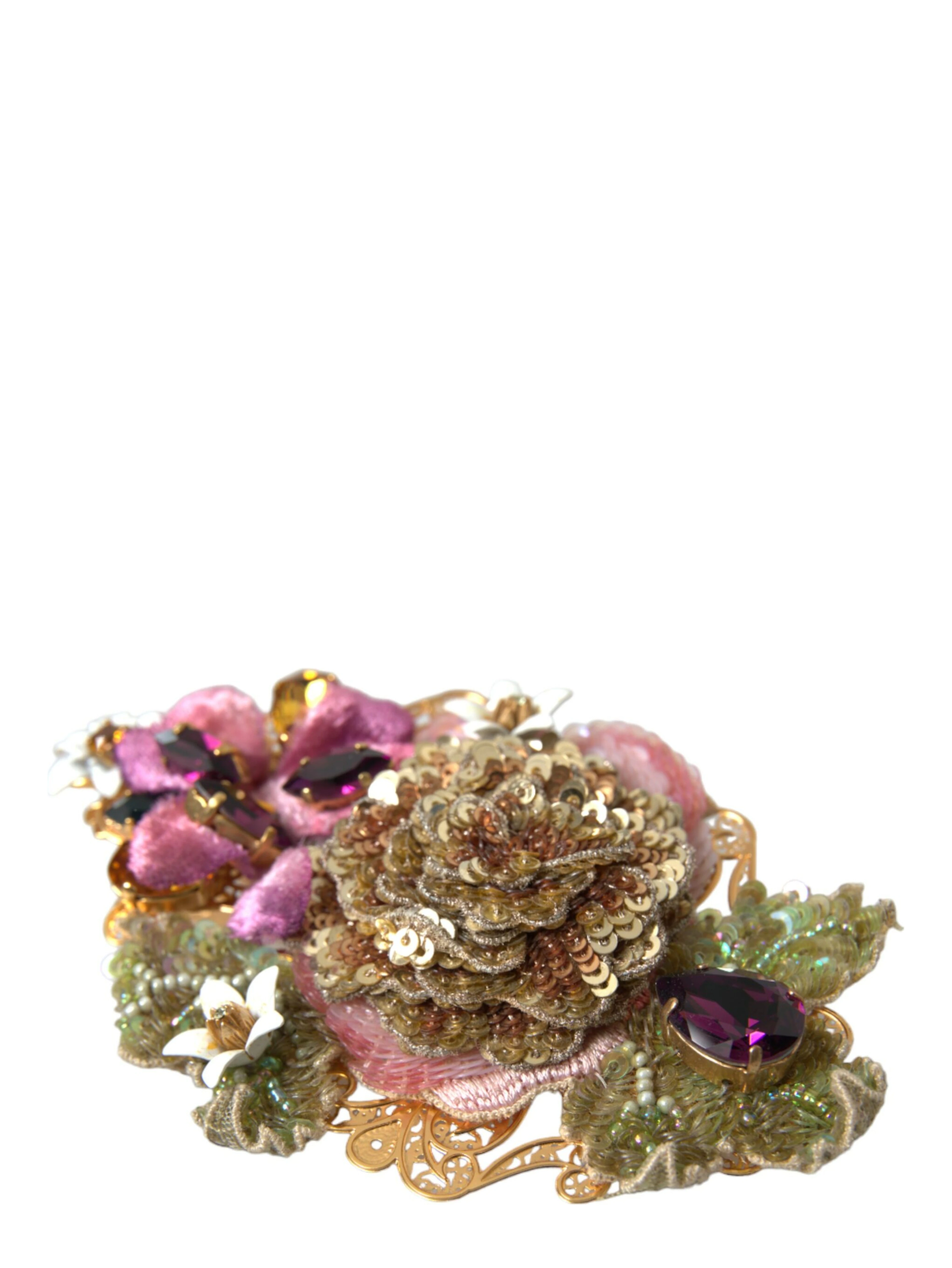 Gold Brass Floral Crystal Sequined Hair Clip