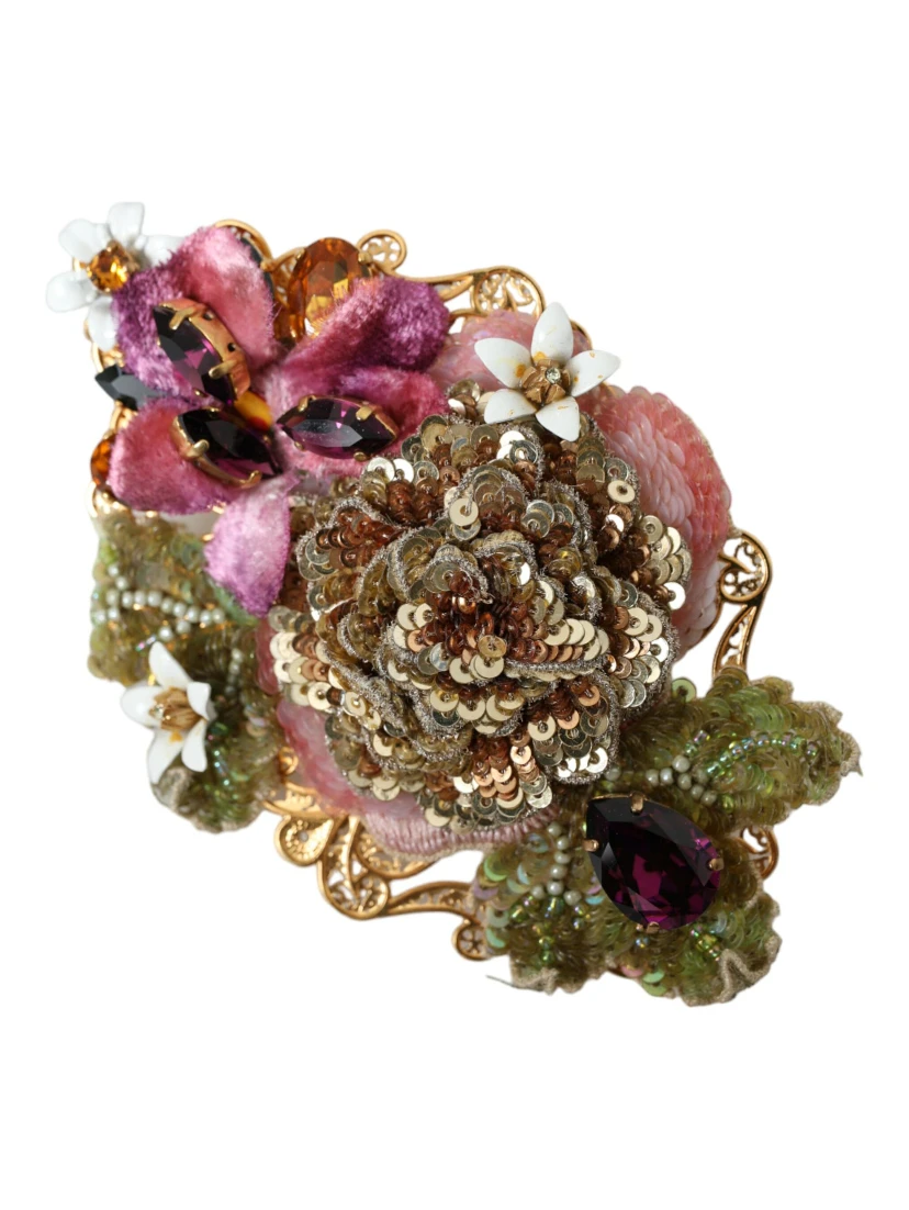 Gold Brass Floral Crystal Sequined Hair Clip
