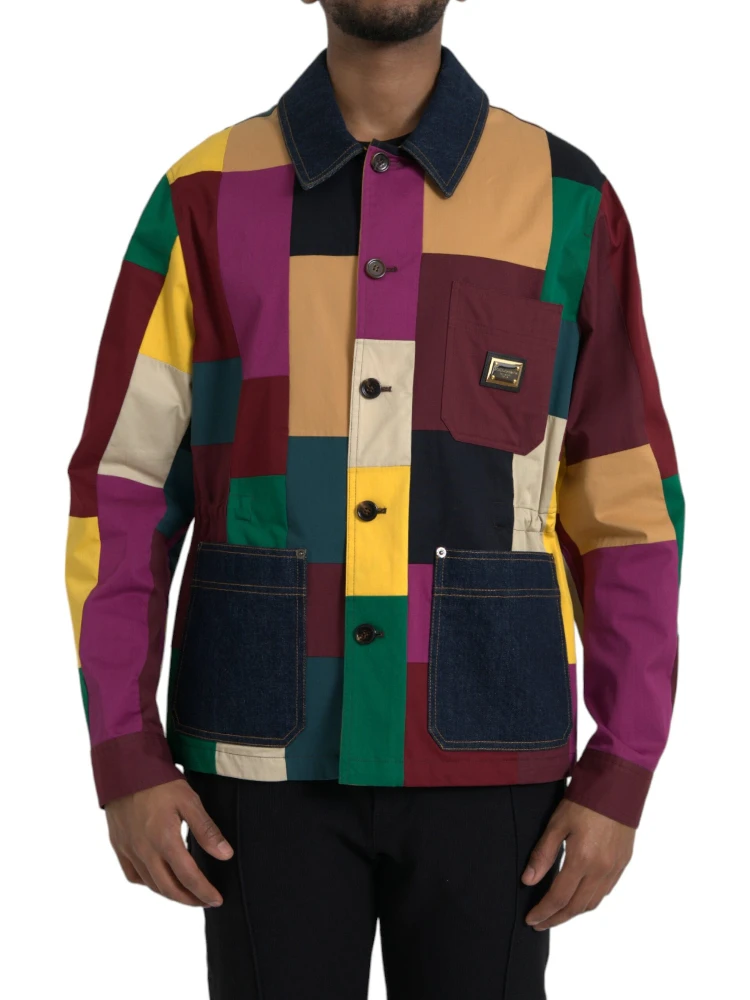 Multicolor Patchwork Cotton Collared Jacket