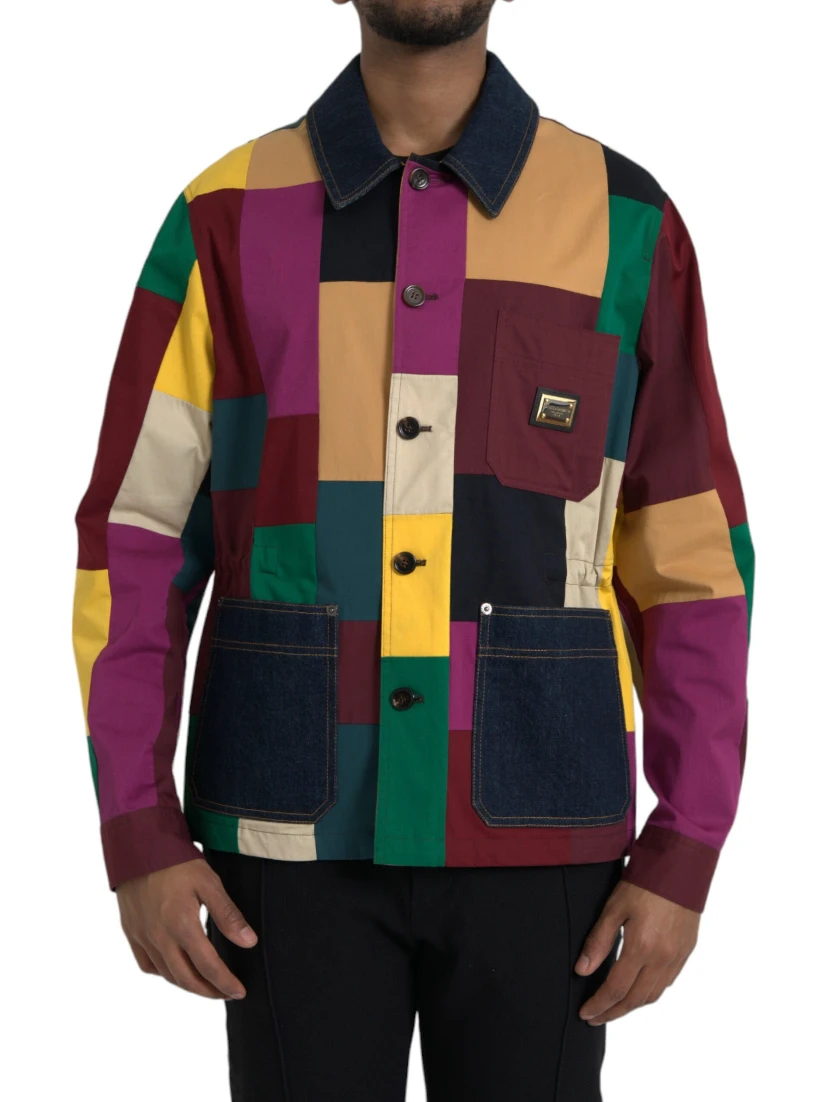 Multicolor Patchwork Cotton Collared Jacket