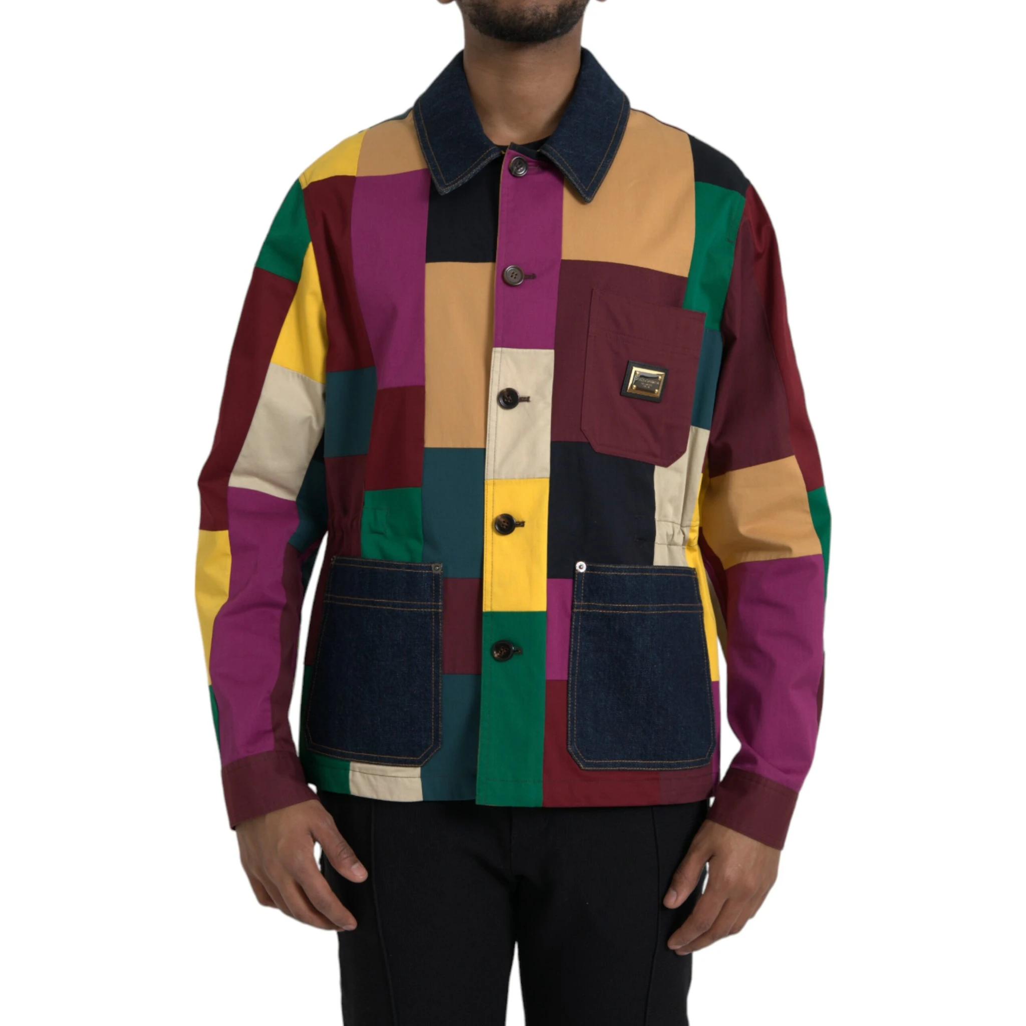 Multicolor Patchwork Cotton Collared Jacket
