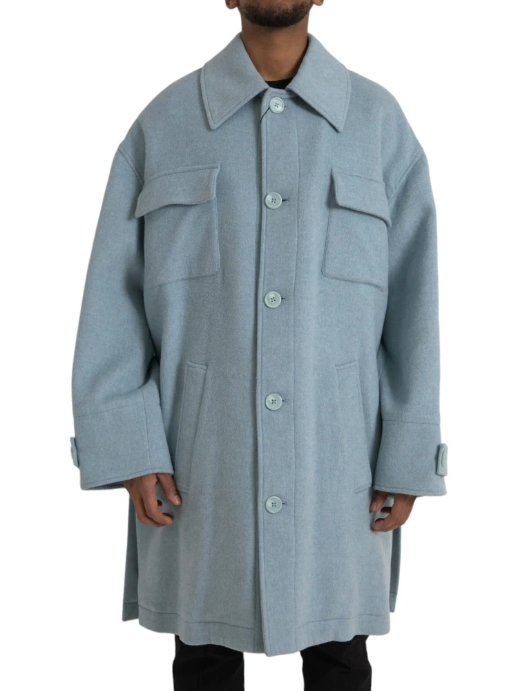 Light Blue Wool Button Trench Coat Jacket
