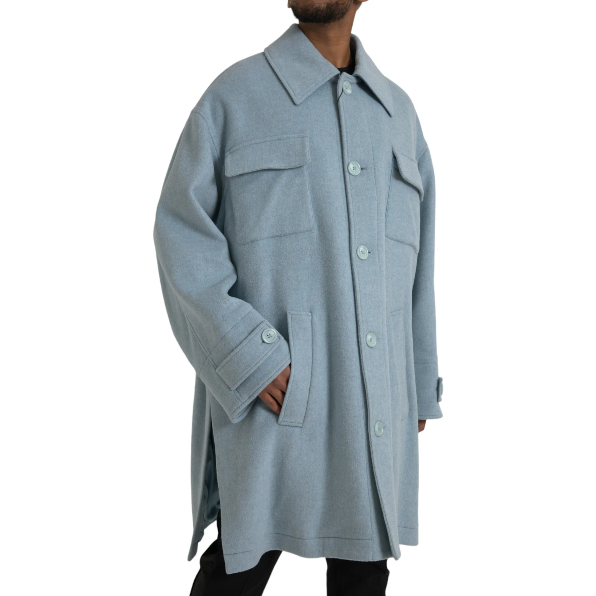 Light Blue Wool Button Trench Coat Jacket