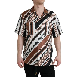 Brown White Silk Striped Short Sleeve Shirt