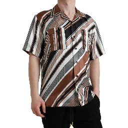 Brown White Silk Striped Short Sleeve Shirt
