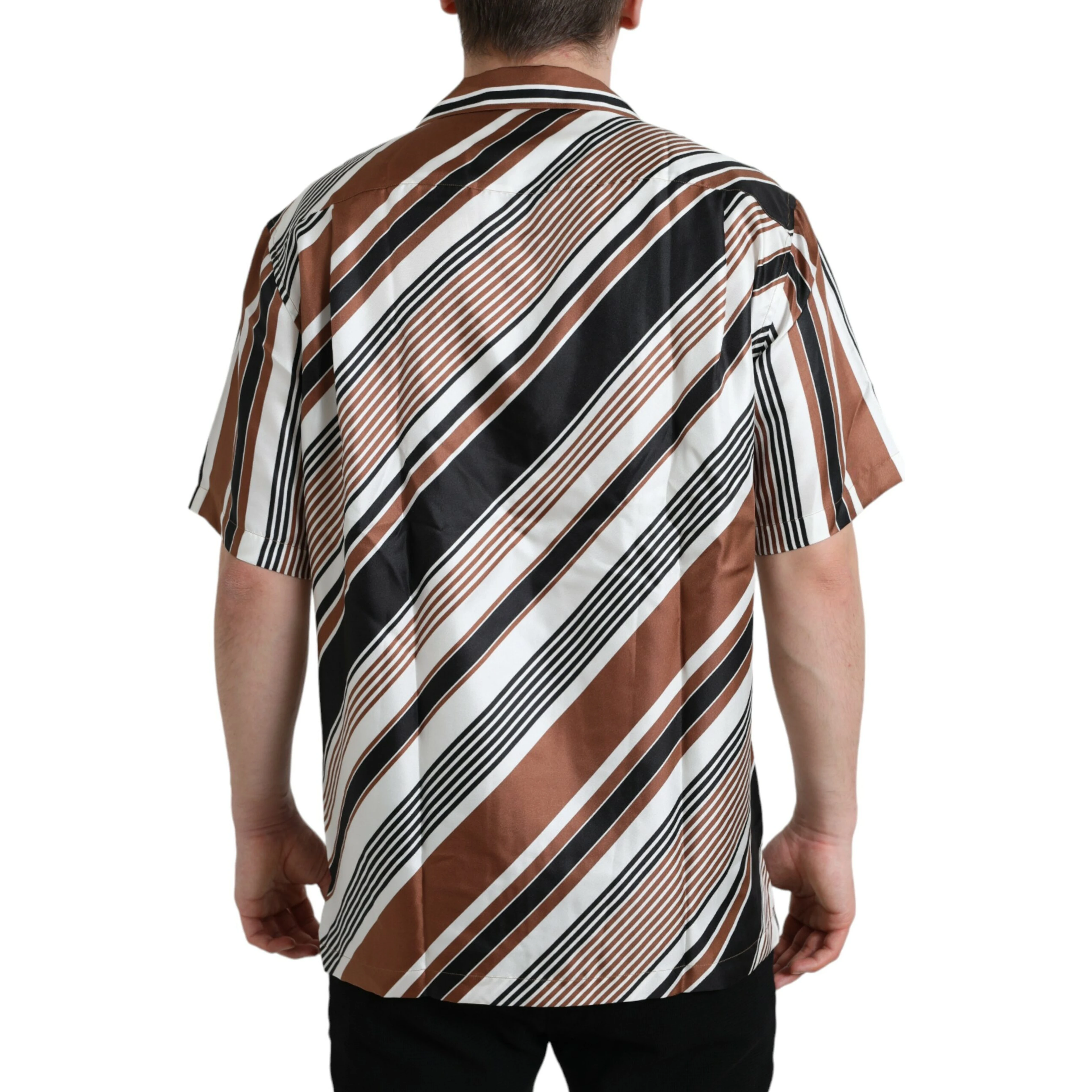 Brown White Silk Striped Short Sleeve Shirt