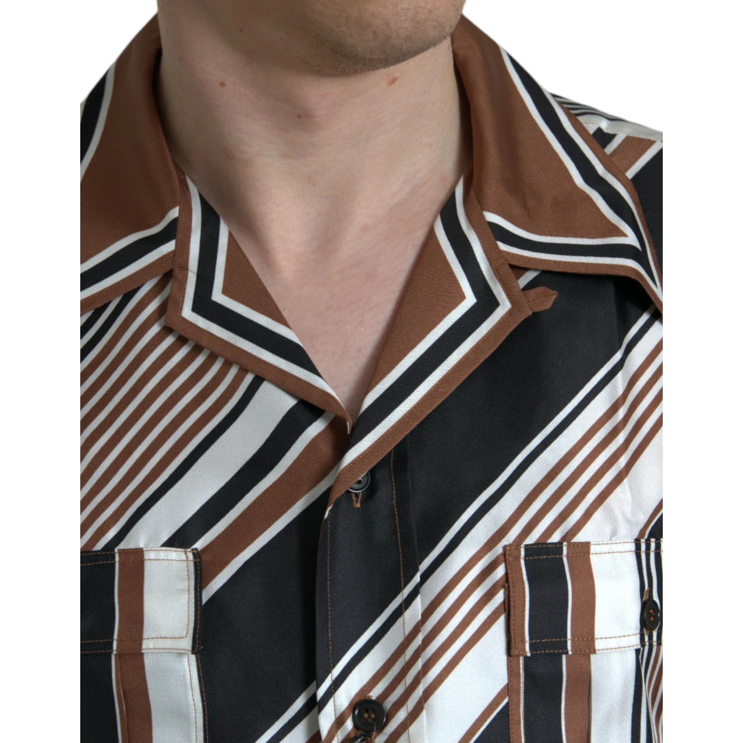 Brown White Silk Striped Short Sleeve Shirt