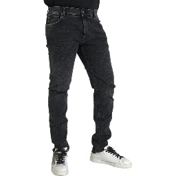 Gray Cotton Stretch Skinny Denim Logo Jeans