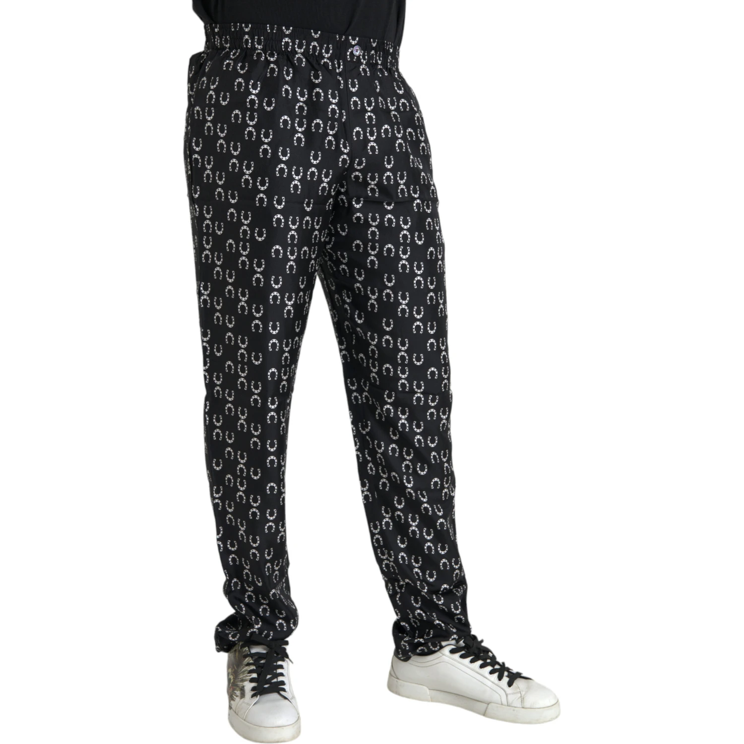 Black Horseshoe Print Silk Pants