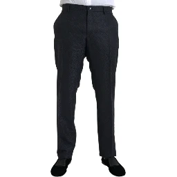 Blue Brocade Wool Skinny Men Dress Pants