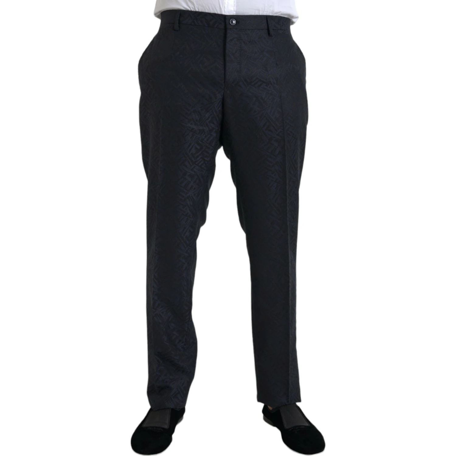 Blue Brocade Wool Skinny Men Dress Pants