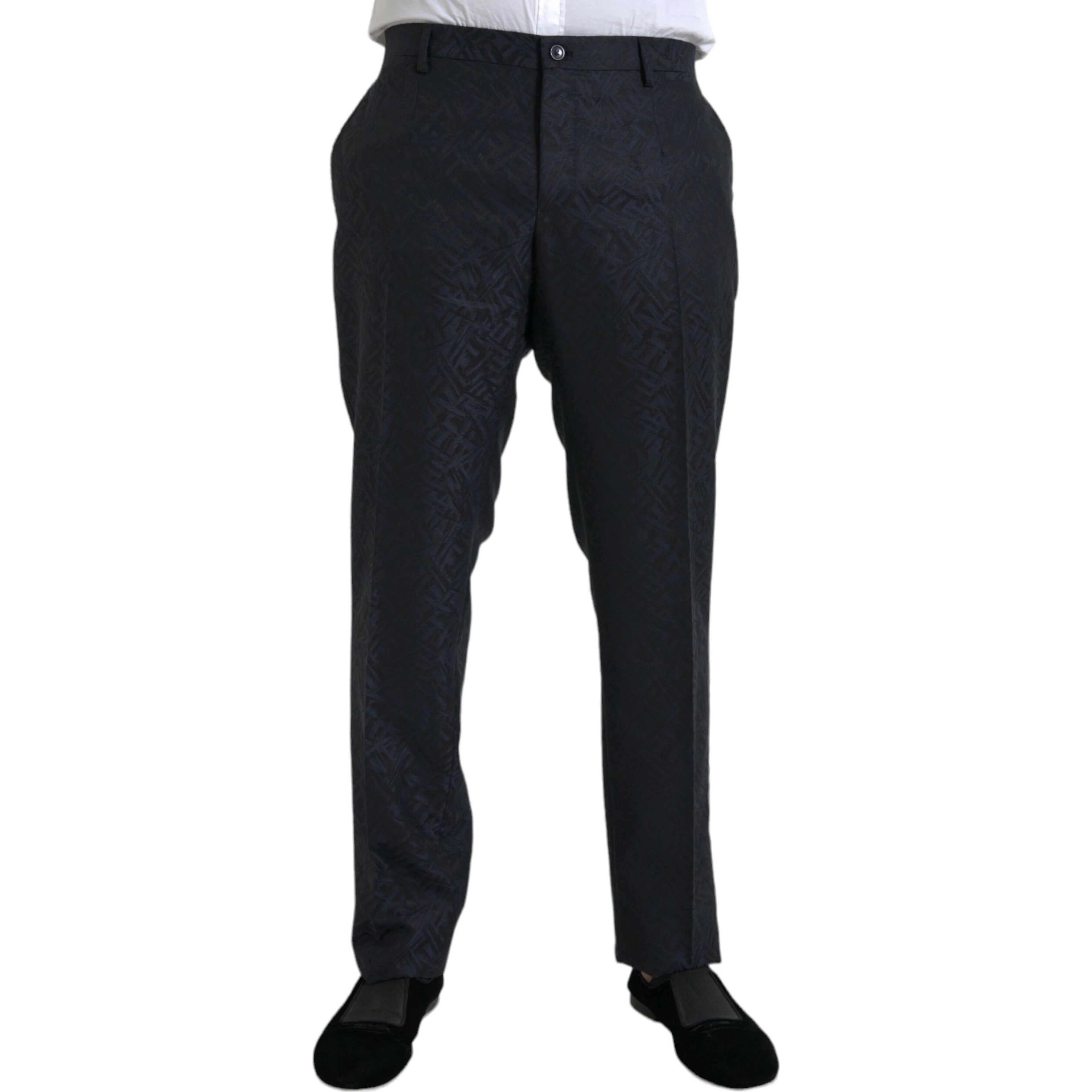 Blue Brocade Wool Skinny Men Dress Pants