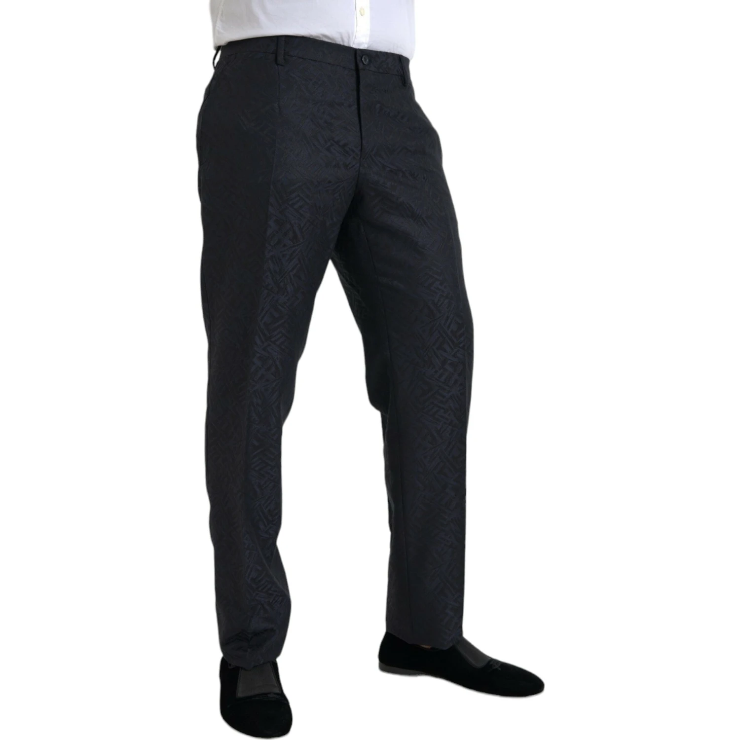 Blue Brocade Wool Skinny Men Dress Pants